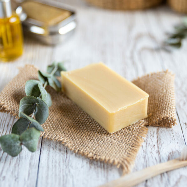 Natural bathroom product, handcrafted soap with bamboo toothbrush, horizontal